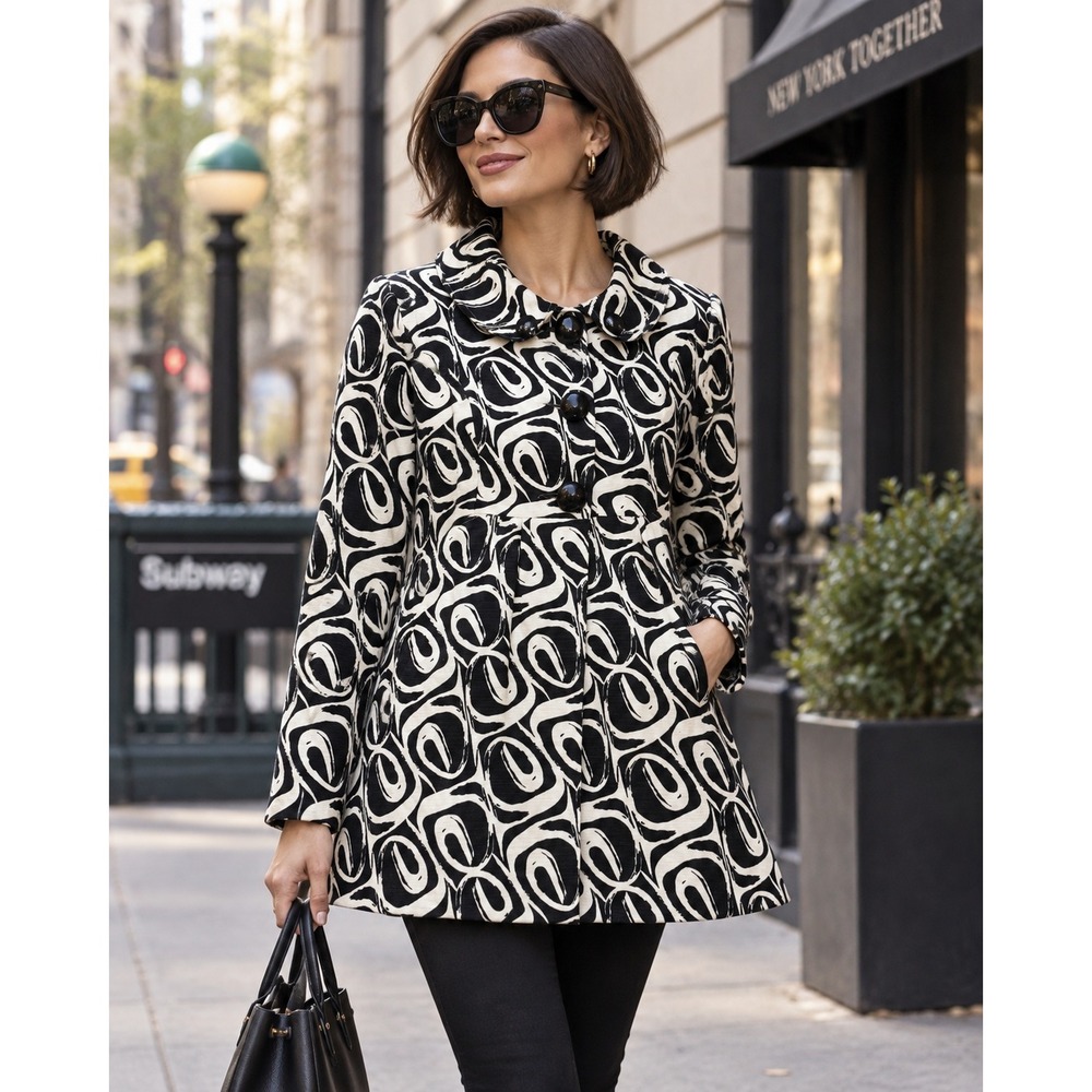Mac & Jac Women's Black White Abstract Print Swing Coat Jacket Size M Retro Mod